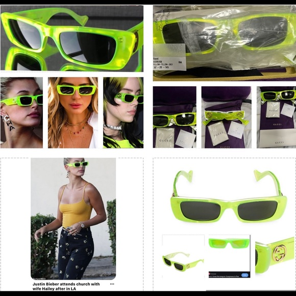 GUCCI 2025 TOP COLOR GREEN RECTANGULAR SUNNIES SEEN ON CELEBS & INFLUENCERS - Picture 14 of 16
